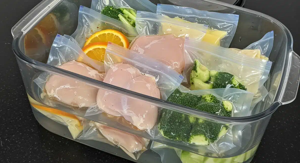 Diverse ingredients in sous vide water bath