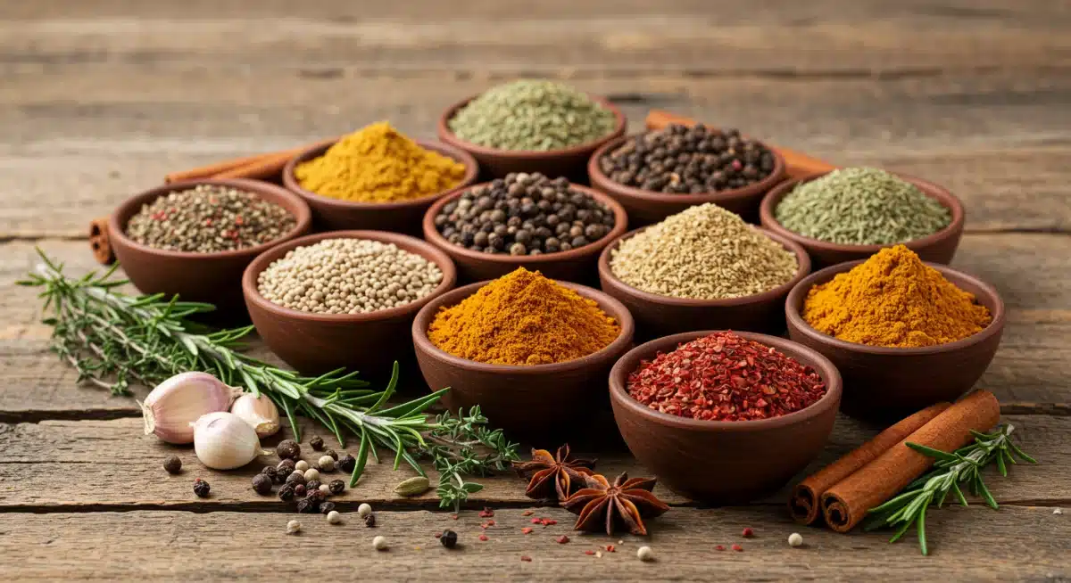 Collection of various spices and fresh herbs on a wooden table