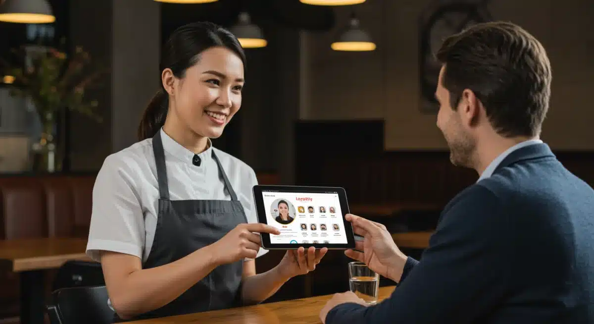 Restaurant staff member interacting with a customer, using a tablet to access loyalty profile and preferences.