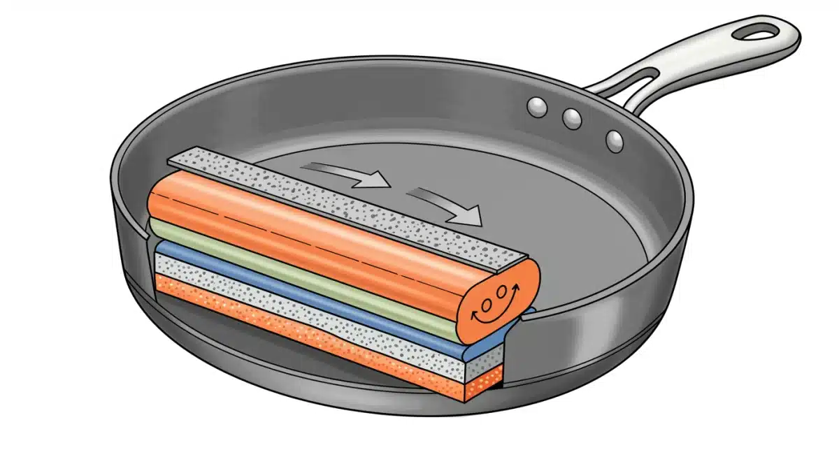 Diagram showing the layered construction of a stainless steel pan with an aluminum core for superior heat conduction.