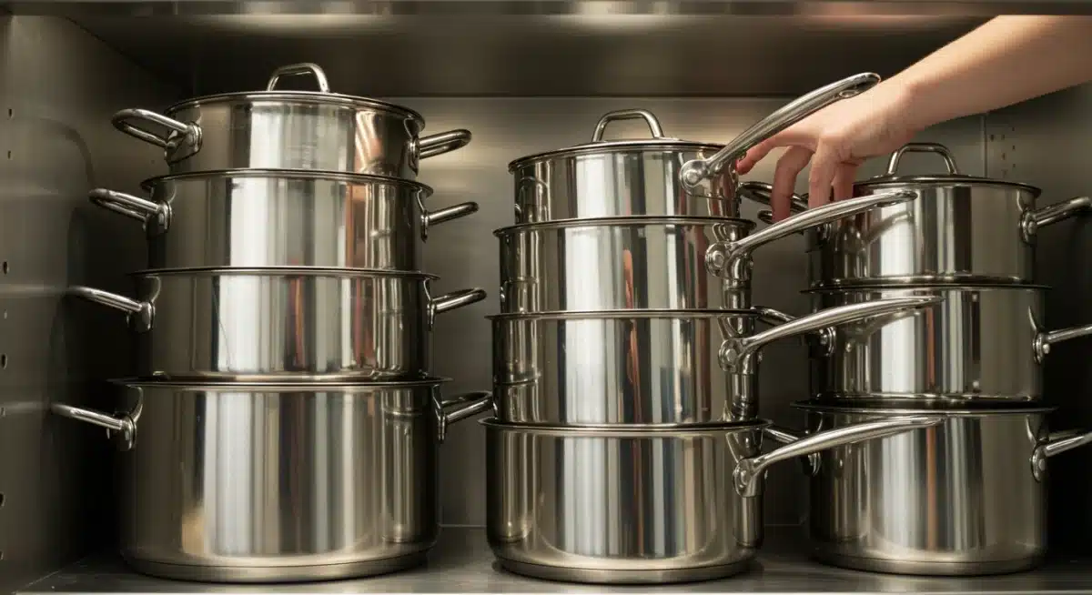 Stack of polished stainless steel pots and pans