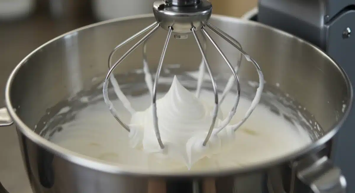 Stand mixer whisking ingredients in a stainless steel bowl