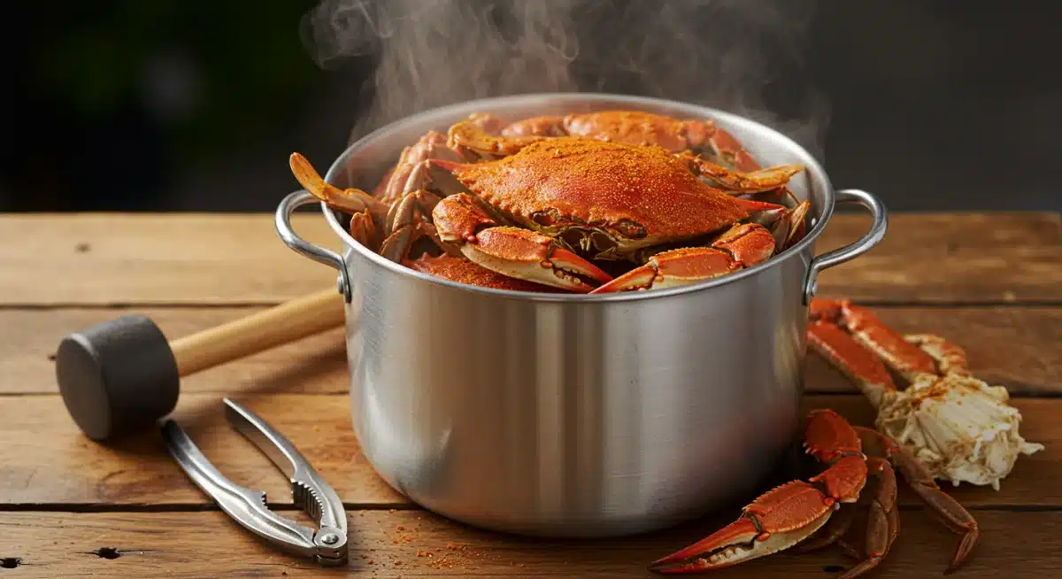 Steaming pot of Old Bay seasoned blue crabs ready to be cracked.