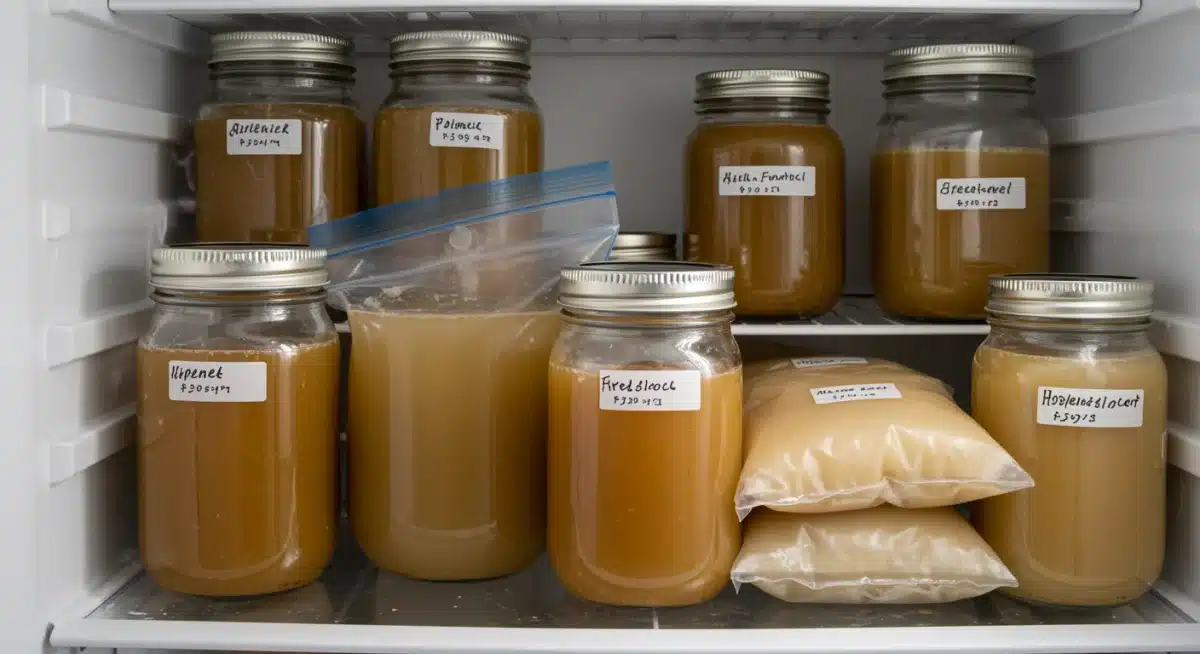 Organized homemade stock in various containers for efficient storage