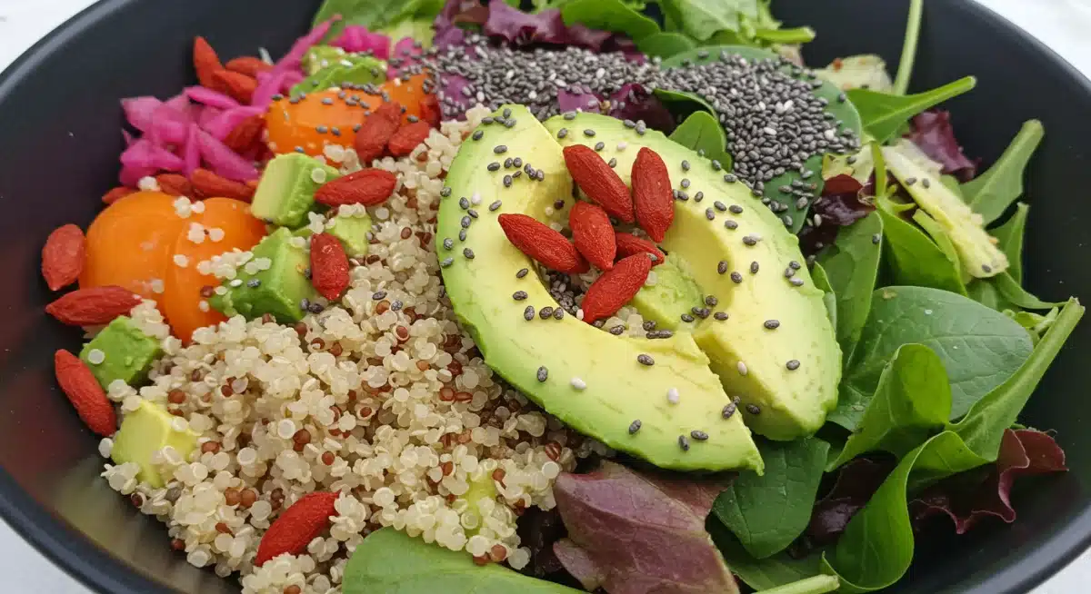 Tigela de salada colorida com superalimentos como quinoa e goji berries.