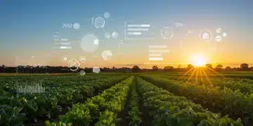 Sustainable farm with digital overlay representing transparent food supply chain data and US regulations.