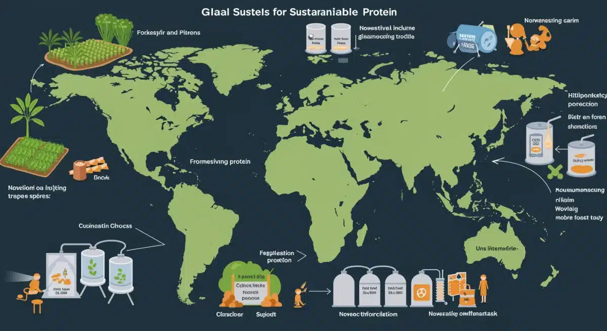 Infographic showing the sustainable protein supply chain from farm to consumer, emphasizing environmental benefits.