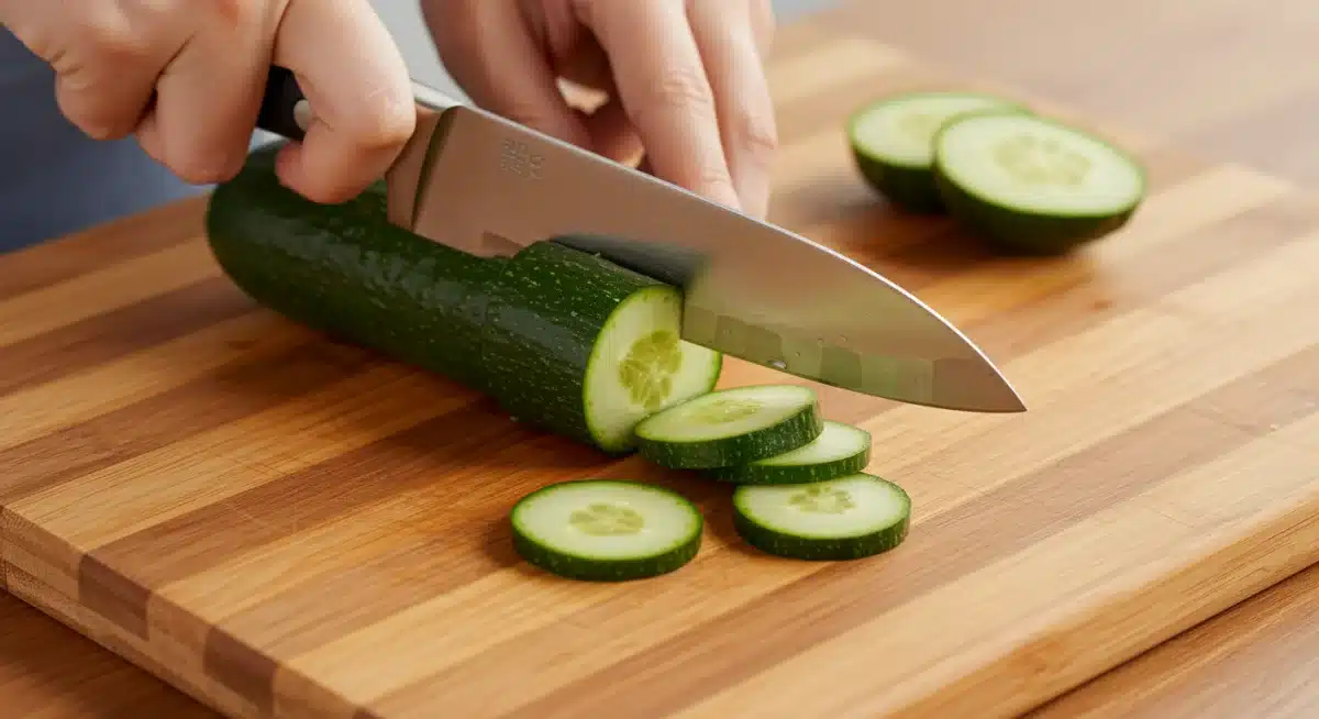Detalle de tabla de cortar de bambú con cuchillo y vegetales frescos.