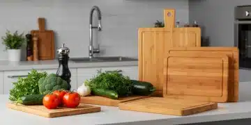 Variedad de tablas de cortar sostenibles en una cocina moderna con vegetales frescos.