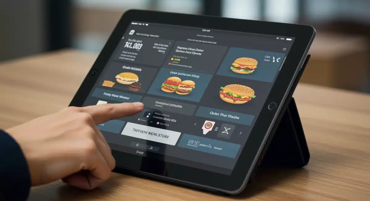 Tablet-based POS system displaying order and payment options.