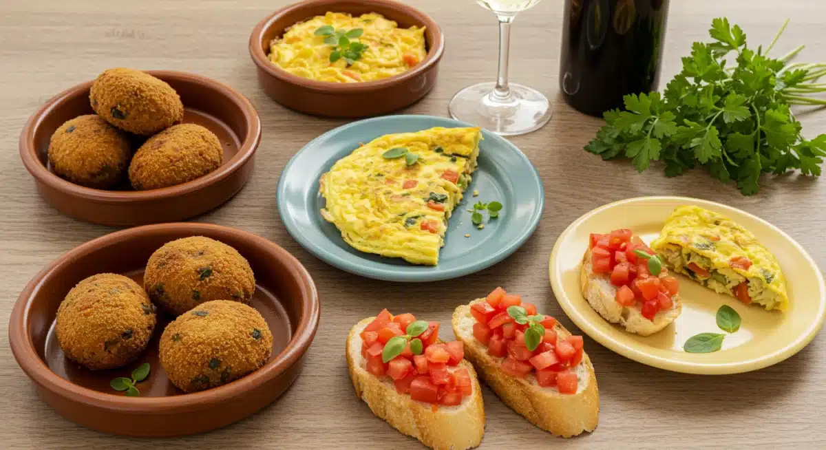 Variedad de tapas creativas elaboradas con sobras, demostrando el arte de la cocina de aprovechamiento en un estilo español.