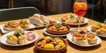 Mesa con tapas españolas variadas y sangría, simbolizando una comida gourmet económica.