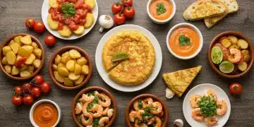 Variedad de tapas españolas tradicionales sobre una mesa de madera, perfectas para principiantes.