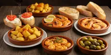 Variedad de tapas españolas listas para servir en una mesa rústica, mostrando la rapidez y el sabor.