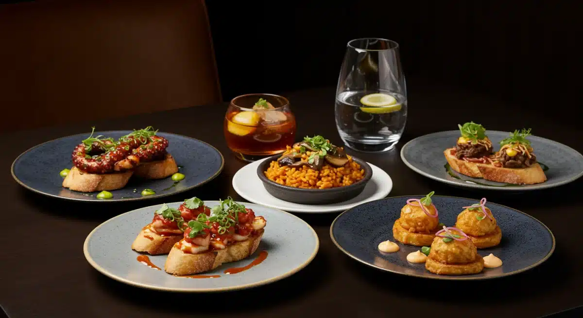 Mesa de restaurante con tapas de fusión, combinando sabores españoles y globales.