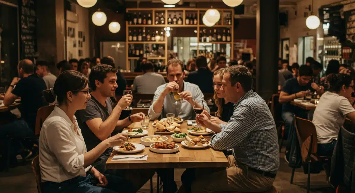 Personas disfrutando de tapas sostenibles en un restaurante moderno, destacando el auge de la cocina de proximidad y el consumo consciente.