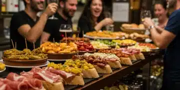 Mesa llena de tapas variadas y coloridas en un bar tradicional español, con gente disfrutando y riendo en el fondo.