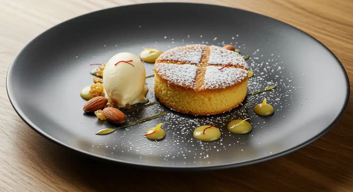 Tarta de Santiago moderna con helado de almendras y salsa de azafrán