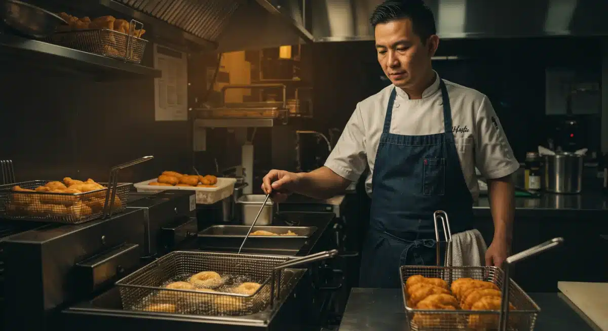 Cocinero controlando la temperatura del aceite con un termómetro en una freidora, crucial para lograr un rebozado crujiente.