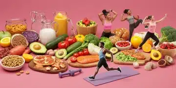 Pessoas praticando exercícios e alimentos saudáveis, representando as tendências fit de 2026.
