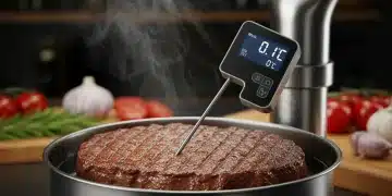Termómetro de cocina digital de alta precisión mostrando 0,1°C en un plato gourmet