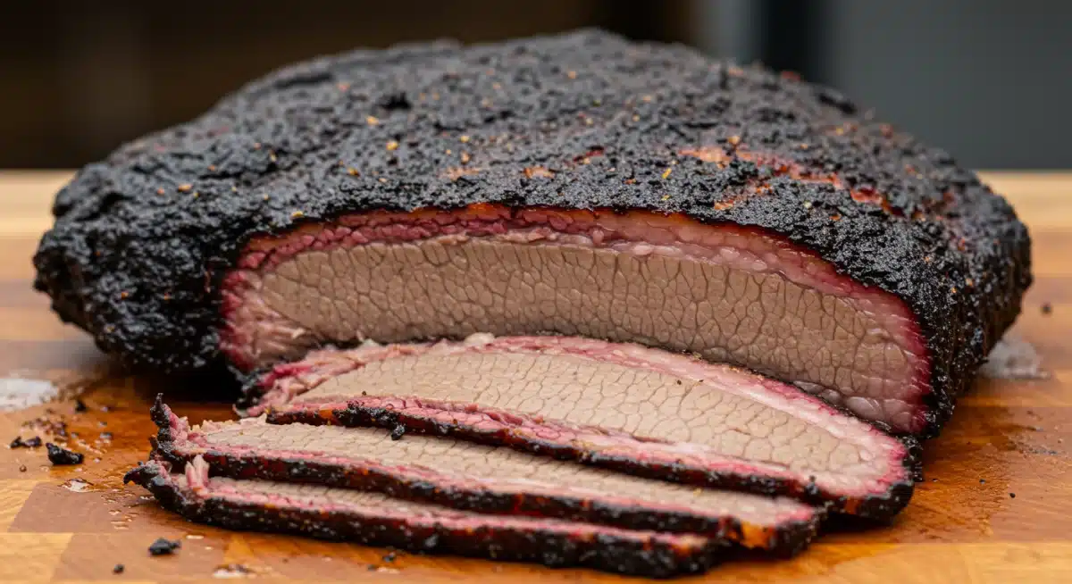 Close-up of perfectly smoked Texas brisket with a dark bark and smoke ring.