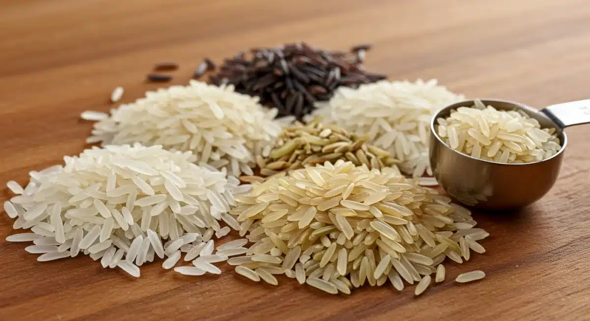 Variedades de arroz como basmati, jazmín y bomba en una superficie de madera.