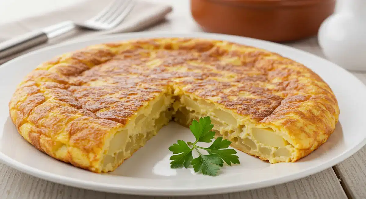 Tortilla española recién hecha, dorada y jugosa, lista para ser degustada.