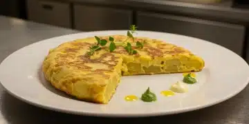Tortilla de patatas innovadora y gourmet, recién hecha y lista para servir en una mesa elegante.