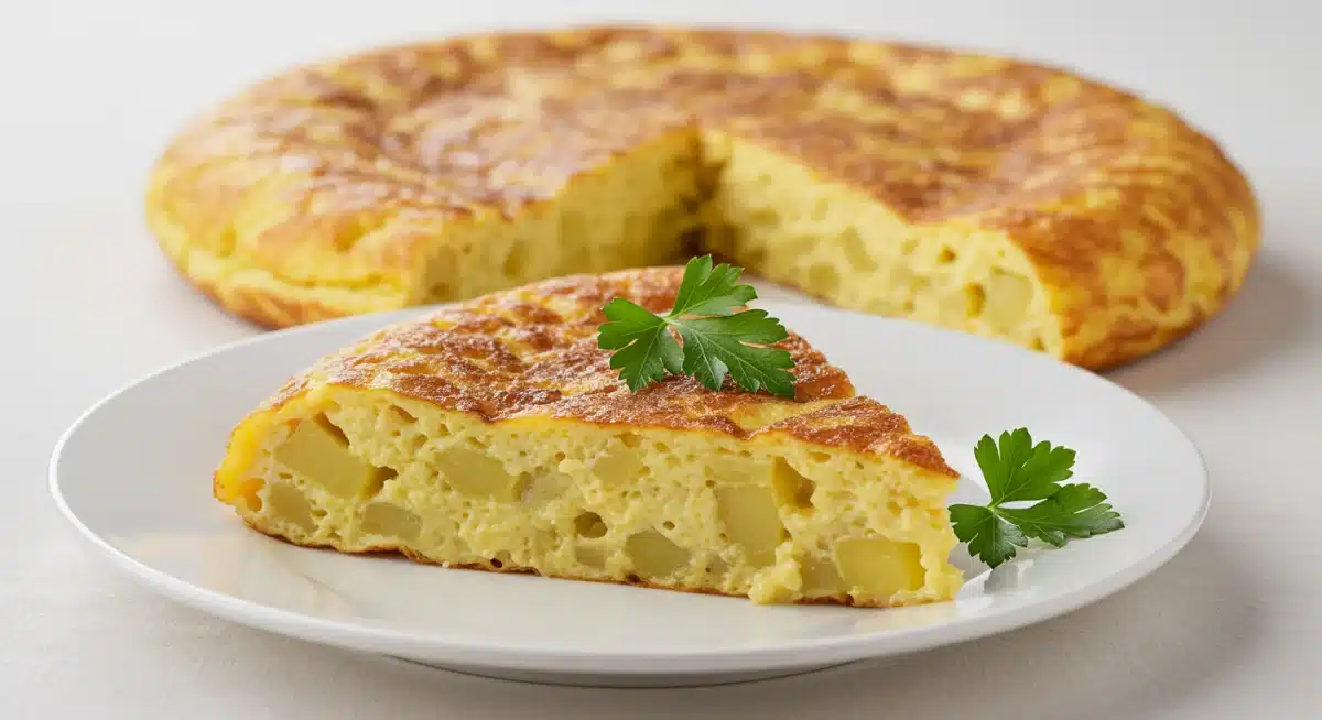 Rebanada de tortilla de patatas recién hecha, mostrando su interior jugoso y cremoso.