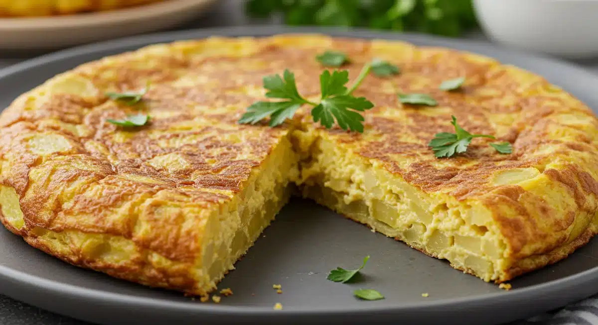 Tortilla de patatas sin gluten, dorada y jugosa, recién hecha.