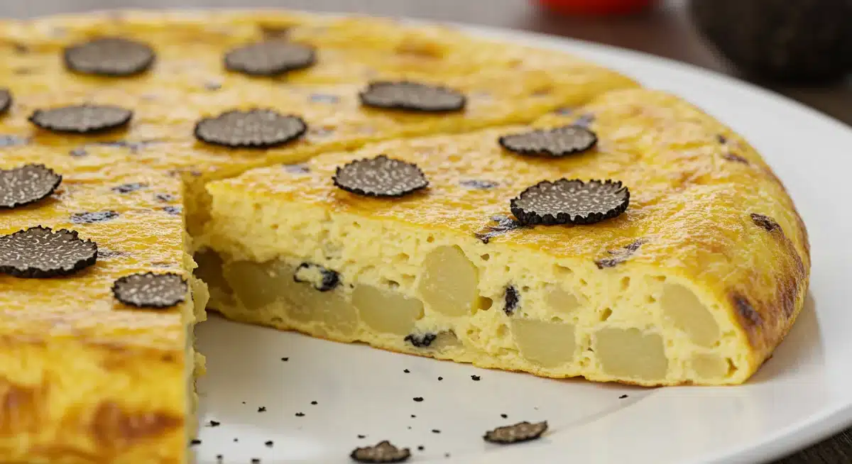Detalle de una porción de tortilla de patatas trufada, con trozos visibles de trufa negra y una textura jugosa.