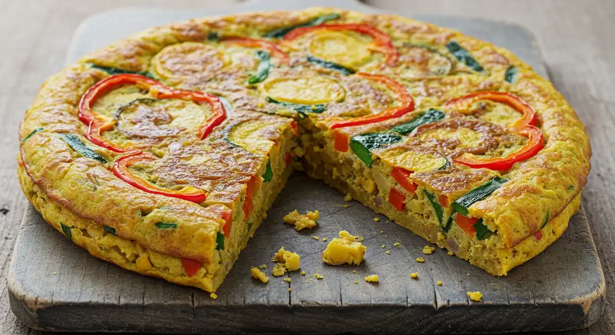 Tortilla de patatas vegana colorida con garbanzos y verduras frescas, presentada en un plato rústico.