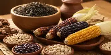 Assortment of traditional Native American ingredients including wild rice, colorful corn cobs, and various beans.