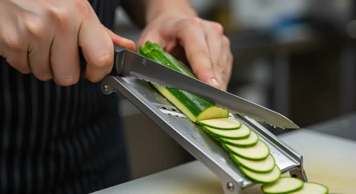 Chef demostrando el uso seguro de una mandolina de cocina