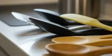 Variedad de utensilios de cocina higiénicos y duraderos: espátula de acero inoxidable, espátula de silicona, cuchara de bambú y cuchara de madera, sobre una encimera limpia.