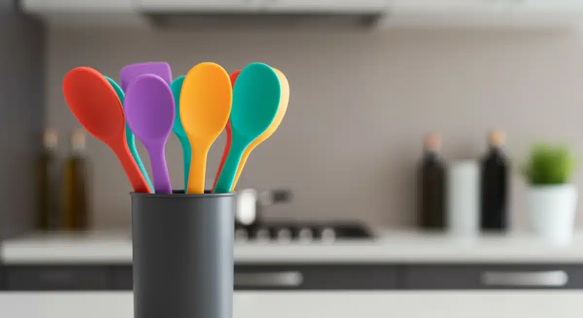 Conjunto de espátulas y cucharas de silicona de colores, organizadas en un soporte, mostrando su flexibilidad y seguridad para sartenes antiadherentes.