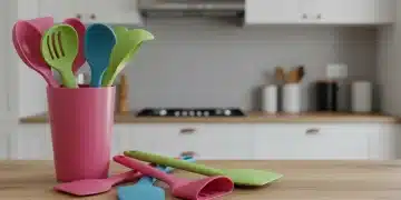 Variedad de utensilios de cocina de silicona en una encimera moderna, destacando su colorido y flexibilidad.