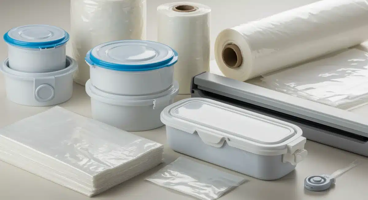 Assortment of vacuum sealer bags, rolls, and reusable containers