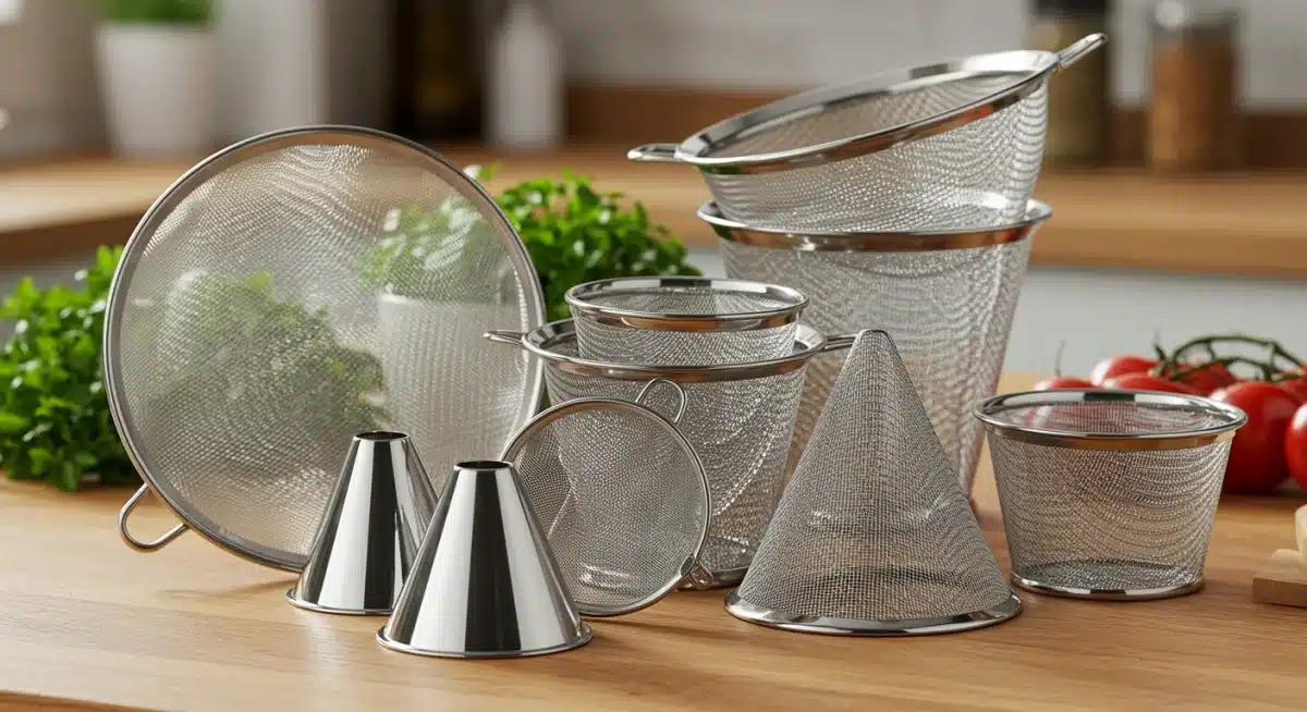 Variedad de coladores y tamices de malla fina en diferentes tamaños y formas.