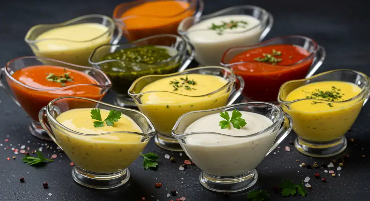 Variedad de salsas emulsionadas estables en cuencos, listas para servir.