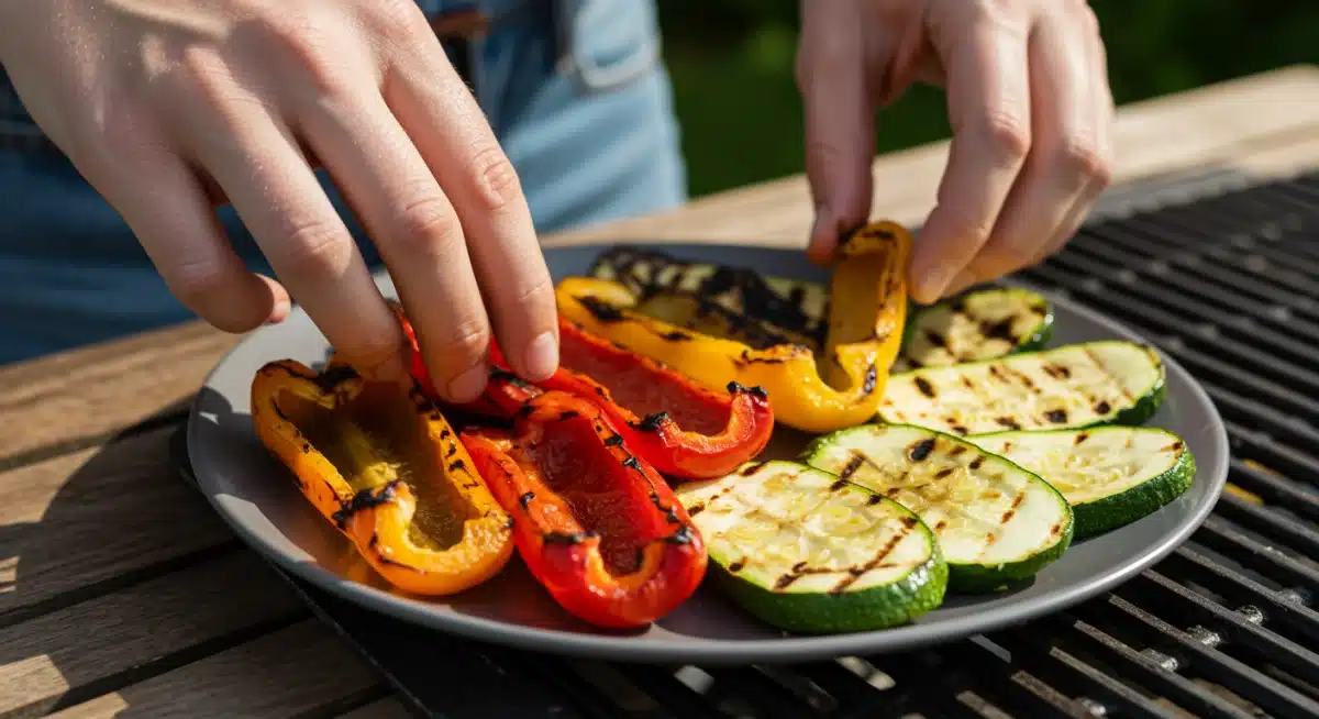 Pimientos y calabacines a la parrilla, mostrando la técnica de asado para una cocina sana.