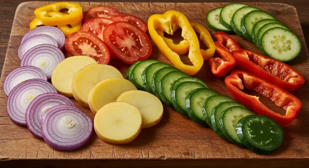 Variedad de vegetales cortados uniformemente con mandolina