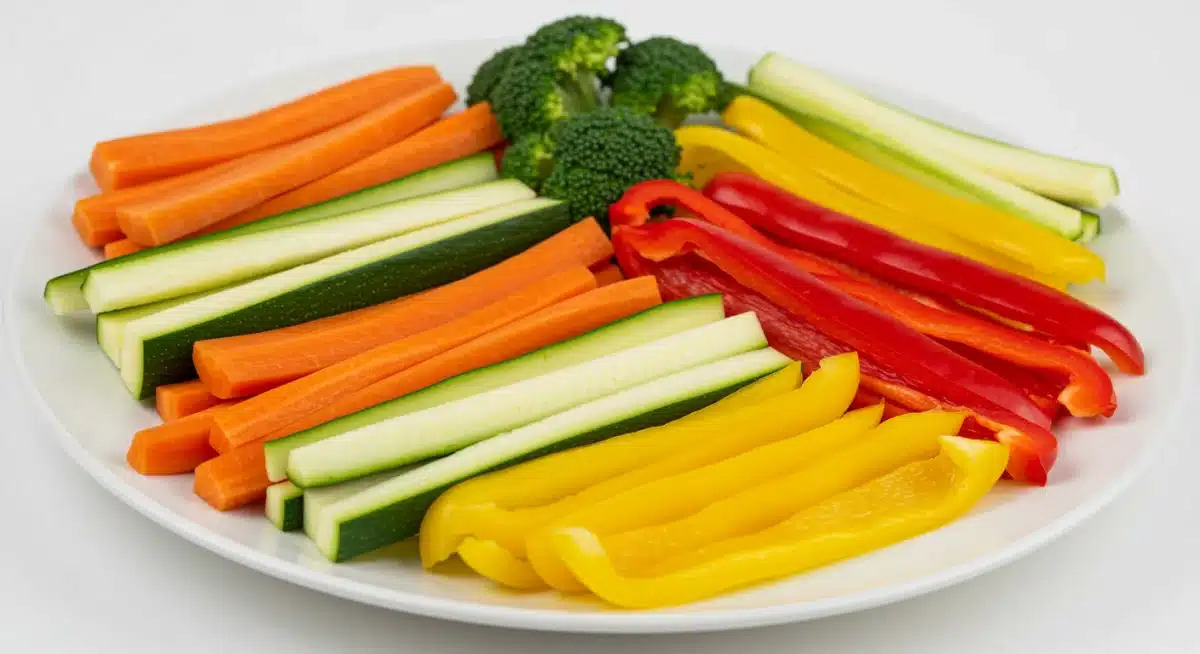 Variedad de vegetales cortados en juliana, mostrando la uniformidad y belleza del corte.