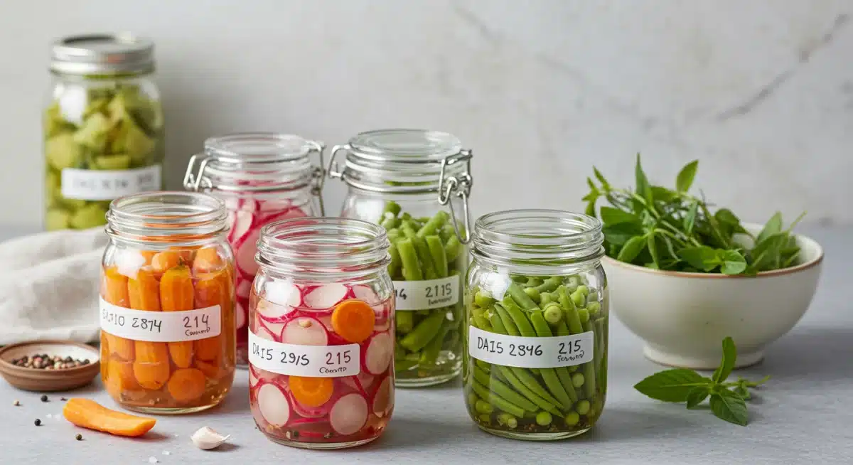 Variedad de vegetales fermentados en frascos de vidrio, listos para consumir.