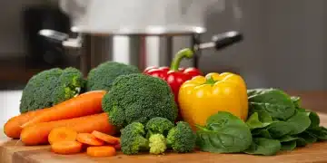 Variedad de vegetales frescos en una tabla de cortar, simbolizando cocina saludable y preparación de alimentos.