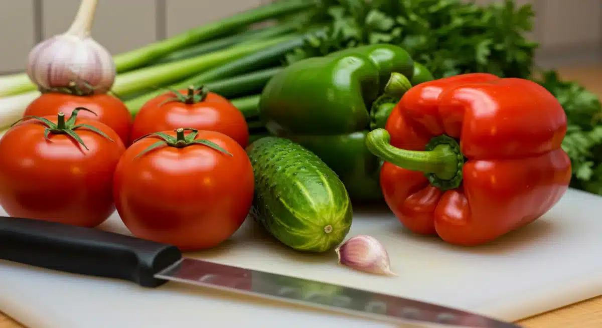 Verduras frescas y maduras para gazpacho en una tabla de cortar.