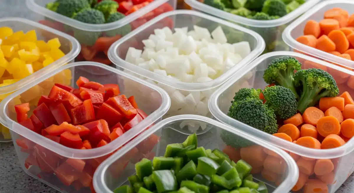 Verduras frescas picadas y almacenadas en recipientes herméticos, listas para usar en la cocina.