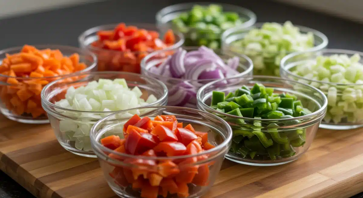 Verduras picadas y organizadas en boles para mise en place