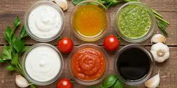 Five versatile homemade dressings and sauces in glass bowls on a wooden table, surrounded by fresh ingredients.